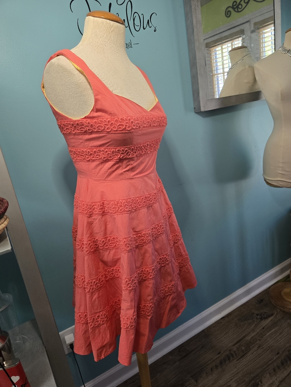 Beautiful Coral Lace-Trim Fit & Flare Dress - Picture 2 of 5